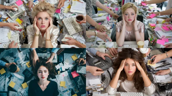 一位年轻美丽的职业女性身着丝绸上衣，坐在凌乱的办公桌前，神情疲惫且不堪重负。多只手环绕其旁，递来办公电话与外卖咖啡杯，以视觉隐喻呈现工作中的压力与多任务处理状况。办公桌堆满键盘、笔记本、便签及散落文件，凸显出现代办公环境的混乱与紧迫。