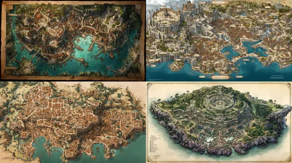 高度详细的多萨林幻想城市地图，一座建于古代废墟之上的沿海城市。有石墙的高耸上城，包含贵族庄园、议会厅、奥术塔和神庙区。下方是围绕繁忙渔港的 sprawling混乱下城，有密集街道、市场、半精灵与半兽人区、帮派掌控的小巷。还有古代渡槽、下水道入口、隐藏地下实验室线索。通往远处山脉的主要贸易道路。周边有森林、平原和山丘。呈现中世纪幻想插画风格，带羊皮纸纹理，有清晰标签，是俯视视角且高分辨率。