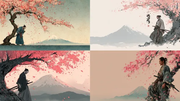 日本武士倚靠樱花树旁，富士山背景，传统和服，佩刀，严肃表情，樱花飘落，对角线构图，远景层次，柔焦效果，自然光，黄昏色调，宁静氛围，细腻笔触，水墨渲染，低饱和度，静态姿势，禅意。