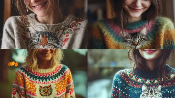 穿着多彩羊毛衫的女子，胸前绣着精美羽毛线猫头图案，特写镜头，柔和自然光，浅景深，鲜艳色彩，羊毛衫纹理细腻，猫头刺绣栩栩如生，女子微笑，温暖氛围，微距镜头，背景虚化，复古色调，宁静情感。