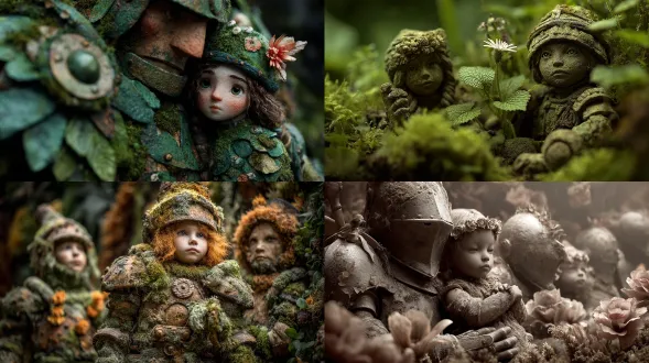 黏土傀儡覆盖植物，巨人穿盔甲蹲护孩童，中心构图，奇幻风格，柔和自然光，微距与广角结合，细腻纹理，青苔与花朵细节，温暖低饱和度，巨人严肃表情，孩童纯真眼神，粘土质感，植物层次感，保护与安全感，童话氛围