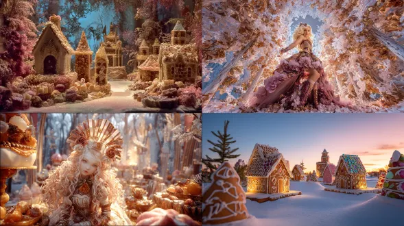 surreal, magnificent dusk and sunrise, outdoors, in the heart of a magical forest, candy-colored stained glass candy decorations, art deco style and nutcracker-style figure skating costumes, winter dessert attire, a little girl's fantasy surreal figure skating fashion, full-body shot, closer camera angle, winter desserts, magical, whimsical, snowflakes falling, disney-like fairy tale scene desserts, and chilled golden brown baked christmas fruit cakes, a cottage decorated with fairy lights, a castle adorned with giant golden fruit cakes, and a background featuring a giant white chocolate and gold candy door. original, magnificent winter dessert surrealism, photo-realistic, children naturally posing, brown and gold holiday fruit cake, and the little blonde girl's art deco and nutcracker-style figure skating costumes decorated with colorful stained glass candy, as well as the photography of the stained glass candy figure skating shoes. the style resembles wes anderson, the nutcracker, and dr. seuss's winter fantasy wonderland. similar to italian vogue children's fashion and children's fashion photography. an elegant, beautiful, happy, smiling little blonde girl with extremely long, wavy curls like a princess. the little girl faces the camera. the little blonde girl is wearing a candy-decorated, hooded bright red winter shawl, and her magnificent dessert figure skating attire is made up of real golden brown baked christmas fruit cake, cherries, chopped nuts, fresh fruit pieces, and white delicate frosting. the little girl dessert figure skater is also wearing a pair of beautifully decorated colorful stained glass candy figure skating shoes, a green lace leotard, and a huge, gigantic, oversized red hat adorned with holly and colorful candy decorations. the cute little dessert figure skater poses gracefully on a frozen solid ice pool. behind the little girl stands a gigantic, greatly smiling magical snowman, wearing a giant, magnificent christmas fruit cake and candy-decorated top hat. the snowman is also wearing a beautiful red scarf with exquisite embroidery.