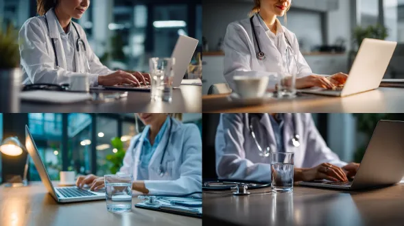 穿着白色外套的现代女性医生在她的办公桌前使用时尚的笔记本电脑工作。平衡的柔和光线，笔记本电脑旁边有一杯水和听诊器。专业的医院办公室内部，散景背景，真实的阴影，优质的编辑照片风格。