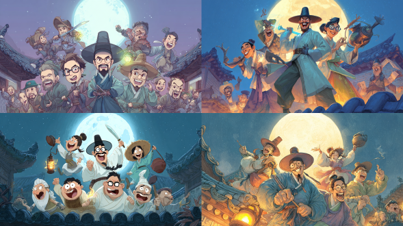 一群滑稽且夸张的朝鲜王朝人物，仿若b级漫画超级英雄，伫立在满月与传统韩式瓦片屋顶前。他们有着愚蠢的表情和诙谐的姿势。一位戴斗笠的男子眨眼并手持发光的剑，一位身着韩服的女子带着烹饪锅飞翔，另一位戴眼镜的男子热情地握着卷轴。村民在前景欢呼。具有动态构图、鲜艳色彩与幽默氛围。