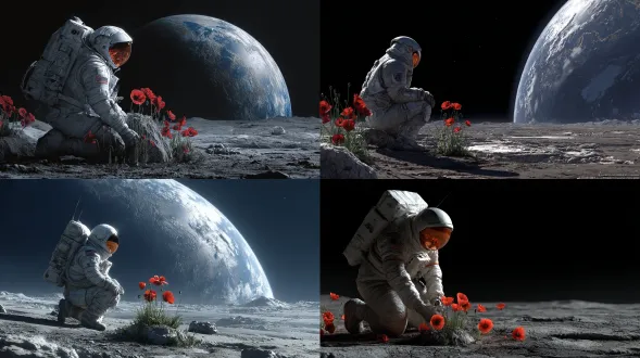 超逼真的月球场景：一名身着精细白色舱外活动服的孤独宇航员蹲着，正仔细观察从月球表面一块灰色岩石上生长的几朵鲜艳红色罂粟花。鲜艳红花瓣在宇航员橙色镜面头盔上美妙反射。其身后地平线处，地球巨大升起，闪耀蓝色，可见云层与大陆。有严酷月球阴影、清晰尘土与风化层纹理，具完美反射、高细节写实、电影灯光，呈超现实却逼真氛围，特写视角