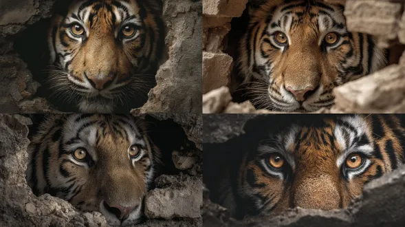 fierce tiger emerging from broken wall opening, hyper-detailed fur stripes, sharp amber eyes, natural soft lighting, canon eos r5