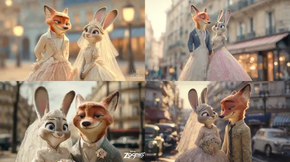 来自《疯狂动物城》的拟人化狐狸与兔子情侣，穿着优雅的法式婚纱与礼服，柔和的粉彩色调，巴黎街头背景，电影级灯光，高细节，4k分辨率