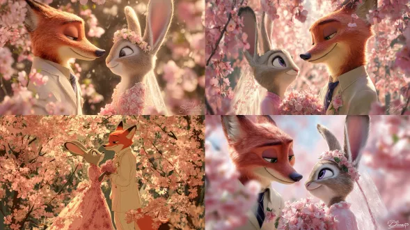 来自《疯狂动物城》的拟人化狐狸与兔子情侣，在盛开的樱花间温柔相望，兔子身穿粉色樱花婚纱，狐狸着白色西装，梦幻阳光，插画风格