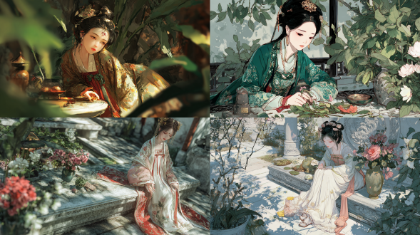 古风插画，古风美人，女子精致美丽面容，精致发髻，华丽的饰品，仙气，纱衣，绣花华丽复杂衣服，披帛，飘带，精致细节，江南园林，女子坐在石凳上插花，石桌上一些各色花枝，花园里假山+花草+芭蕉树+树木，杰作，高分辨率，写实插画，景深构图，近距离半身特写