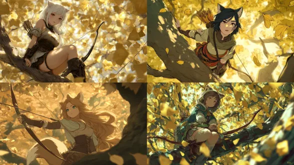 一位狐狸耳弓箭手栖息在一片迷人的秋林中的树枝上，金色的树叶飘落在她周围，斑驳的阳光，弓着，表情专注，凯尔特阴影的动漫风格