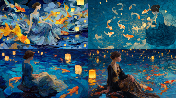 一位穿着类似鱼鳞的优雅丝绸连衣裙的女人坐在一个宁静的湖边，周围是从水中跃出的锦鲤，激起了涟漪。水面倒映着繁星点点的天空和漂浮的灯笼。画家幻想风格，鲜艳的色彩，魔幻现实主义。