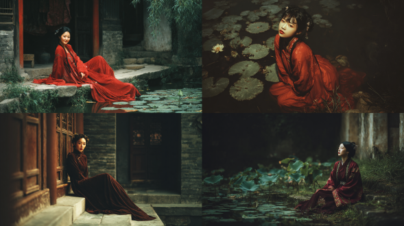 废弃剧院里的环境肖像，穿着复古礼服的模特，戏剧性的阴影：破败舞台，华丽长裙，丝绒材质，忧郁眼神，高光与暗部对比强烈，钨丝灯照明，仰视构图，电影质感，暗调色彩，怀旧氛围，35mm镜头，颗粒感，戏剧张力。 荷塘边汉服女子的宁静肖像，中国传统美学，柔和扩散：薄纱汉服，水墨渐变，柳叶眉，恬淡微笑，浅景深，晨雾弥漫，荷叶涟漪，柔焦效果，淡雅色调，自然光，工笔画风格，对称构图，静谧诗意，50mm定焦。