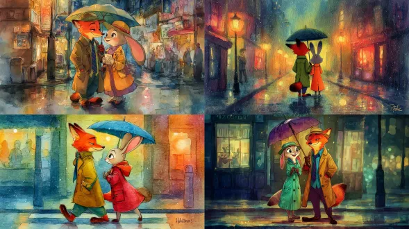 来自《疯狂动物城》的拟人化狐狸与兔子情侣，身着复古雨衣情侣装，共撑一把伞走在霓虹灯照耀的街道上，水彩画风格，浪漫温馨氛围