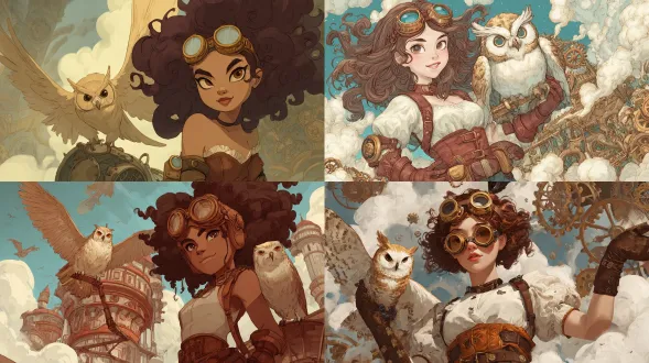 蒸汽朋克发明家女孩，棕色皮革护目镜，铜制工具腰带，卷发蓬松，自信微笑，机械猫头鹰同伴，黄铜羽毛，发条树屋，巨大齿轮转动，浮岛背景，云层环绕，精密机械细节，吉卜力风格，暖色调，柔和光影，广角镜头，奇幻场景，童话氛围，神秘感。