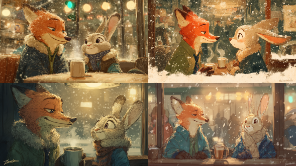 来自《疯狂动物城》的拟人化狐狸与兔子情侣，穿着毛绒冬日情侣外套，雪花在咖啡馆窗外飘落，杯中腾起热气，暖色室内光，童话插画风格