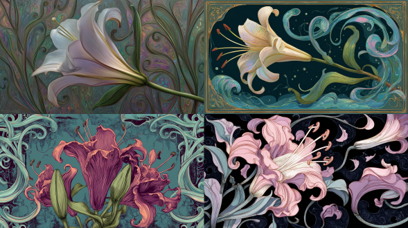 art nouveau illustration of a lily blooming into curling whiplash curves, petals extending in elongated flowing lines, serpentine stems forming an ornamental frame, iridescent pastel reflections, organic contours shaping the composition like moving water, photographed as macro botanical art, 85mm lens, f/3.5, diffused morning light