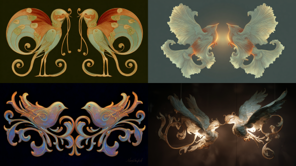 a pair of mirrored birds whose wings extend into flowing-line spirals, bodies shaped with serpentine grace, silhouettes dissolving into curling whiplash patterns, soft pastel illumination, photographed as ornamental art nouveau illustration, 50mm lens, f/2.8, warm sidelighting