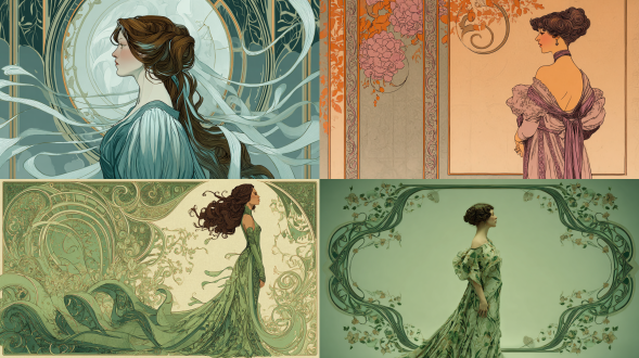 n art nouveau woman standing in profile, her posture composed of elongated flowing lines, hair swirling into serpentine ribbons and whiplash curves, gown shaped like cascading vines, ornamental border with organic contours and pale sage hues, photographed as an illustrated portrait, 50mm lens, f/2.8, soft ambient light