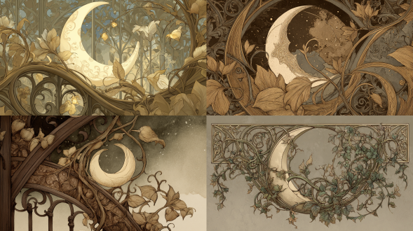 a stylized art nouveau scene of a crescent moon entangled in swirling vines, botanical arabesques unfolding around it, sepia and sage tones, ornamental ironwork curves shaping the composition, soft luminous atmosphere