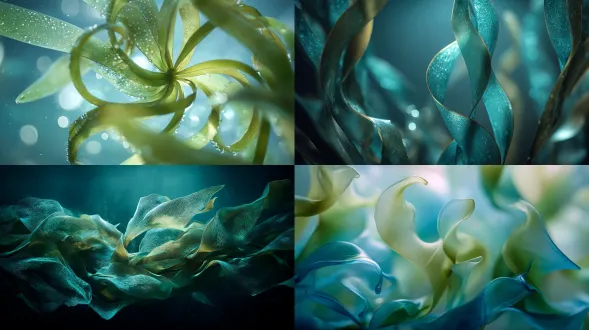 a marine-inspired art nouveau composition framed by translucent seaweed fronds that fold inward like watery ribbons, tips curling toward the center, frame made of sculpted green glass with soft undulating motion, subtle bubbles and turquoise shimmer, 50mm lens, f/2.8, ethereal underwater light