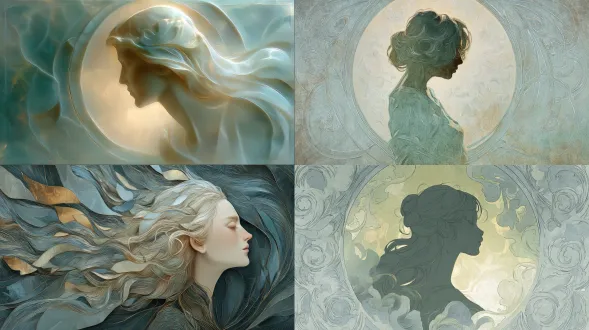 a feminine figure with flowing hair painted in soft ivory tones, surrounded by swirling art nouveau contours in smoky blue and pale green, subtle touches of muted gold framing her silhouette, 50mm lens, f/2.2, gentle backlight