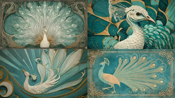 vintage poster illustration of a stylized peacock, feathers expanding into whiplash curves, pale turquoise and ivory palette with muted gold detailing, ornamental border in sinuous lines, subtle ink-texture grain, 35mm lens, f/3.2, diffused backlight