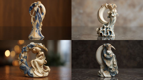 porcelain figurine in art nouveau style, feminine silhouette intertwined with a crescent moon, serpentine contours shaping hair and drapery, pale ivory glaze with smoky blue and muted gold embellishments, subtle ceramic reflection, 85mm lens, f/3.5
