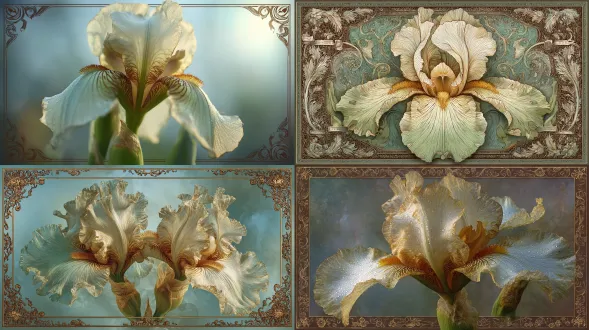 an art nouveau iris rendered in pale greens and ivory whites, petals lightly dusted with muted gold reflections, background in gentle smoky blue gradient, ornamental border in sepia-brown filigree, 50mm lens, f/2.8, soft morning glow