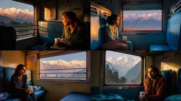 一辆印度火车卧铺车厢内部，布局和角度与参考图一致：蓝色座椅，带金属栏杆的窗户，窗外是在温暖金色日出光线照耀下的雄伟雪山。右侧紧邻窗户的小座位上，坐着一位27岁女性。她坐在靠窗的短卧铺上，略微朝向山脉，以平静深思的神情望向窗外。她双手轻柔握着一只白色纸杯。柔和的晨光透过窗户照亮她的脸庞。氛围呈现出宁静、惬意且具旅行感的特质。采用高分辨率、超写实摄影风格。