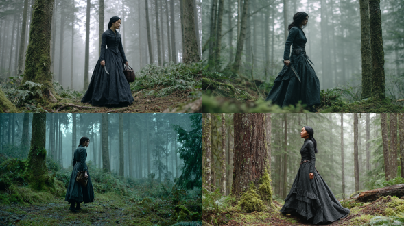 一个留着齐腰黑发的高个女子独自走在雾气弥漫的原始针叶林里，脚下是低垂的苔藓和潮湿的针叶。身着深色哑光木炭色亚麻长袍，长袖、合身胸衣、分层带小拖尾裙摆，可见编织纹理、柔和褶皱与微磨损下摆。呈侧后方四分之三视角，头部是柔和侧面轮廓，手指轻触裙摆，一手持皮革采集袋，另一手持带磨损木柄和暗绿色锈迹的月牙形草药刀。超写实细节，含毛孔瑕疵的自然肌肤、逼真发丝、丰富织物纹理，worn皮革、潮湿树皮与雾气，85mm镜头、f/2光圈、浅景深、胶片颗粒与raw质感。