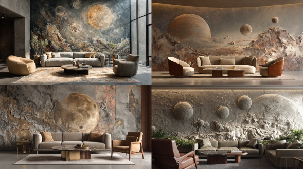 一幅描绘月球上行星和岩石的浮雕壁画，色调模仿地球，设置在现代客厅中。沙发中间有一把扶手椅，前面有一张咖啡桌