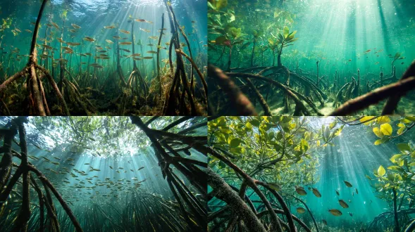 水下红树林根系密布，幼鱼穿梭其间，阳光透过海水形成绿色光线，根系间隙留有空白区域，沿海鱼苗栖息地，微距镜头，柔和水下光线，自然滤光，浅景深，宁静氛围，蓝绿主色调，生动细节，生态和谐