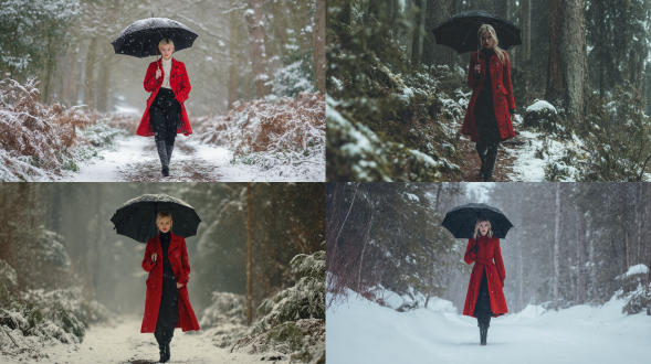 一幅30岁金发扎着马尾的女子形象，身着鲜艳红色外套、黑色长裤与黑色靴子，手持黑色雨伞，在森林中厚重积雪里向镜头走来