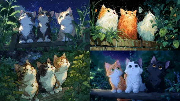 三只可爱的猫咪坐在栅栏上，周围是月光下郁郁葱葱的绿色植被，呈现出动漫风格的数字艺术样式。它们毛发 vibrant（鲜艳）的色彩与细致的纹理营造出魔幻氛围，它们凝视着繁星点点的夜空。它们眼中透着惊奇之感，柔和的阴影在自然美景衬托下凸显其轮廓。此场景抓住了宁静与迷人的精髓，很适合融入猫咪主题设计里。
