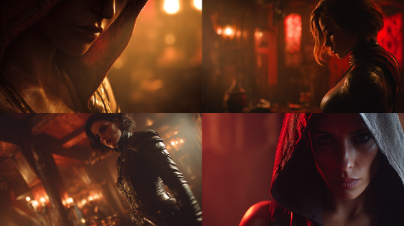 美丽的女刺客，神秘的幻想场景，酒馆内，电影构图，低角度特写，皮革紧身衣，冷峻眼神，阴影轮廓，暖色调点缀，柔和背光，雾气缭绕，神秘符文，微妙情感，高对比度，35mm镜头，电影质感，暗影细节，红黑配色，紧张氛围，动态姿势"