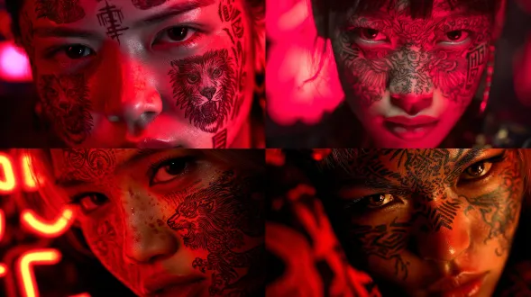 逼真特写肖像，25岁日本女性脸部覆盖刺绣狮子鸟类图案，黑帮风格，东京酒吧霓虹灯背景，工作室硬光，高对比度，微距镜头，皮肤细节锐利，红黑配色，冷峻眼神，神秘氛围