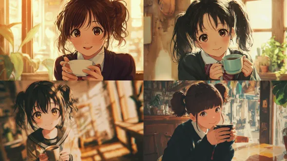 动漫女孩在咖啡店，日系二次元风格，明亮大眼，甜美微笑，双马尾发型，穿着学院风制服，手捧热咖啡，背景温馨木质装潢，柔焦效果，浅景深，暖色调灯光，窗外阳光洒入，细腻插画质感，高饱和度色彩，生动表情，宁静舒适氛围。