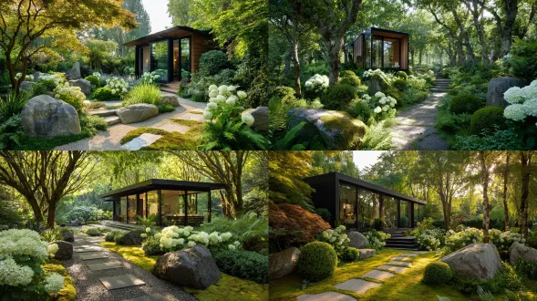 超写实现代花园，含融入繁茂自然景观的当代木材包覆花园小屋。大尺寸落地窗反射绿植，配纤细黑色铝制框架。浅砾石中带柔软苔藓边缘的长石板小径。分层种植，有草、蕨类、球形修剪植物、白色绣球花与雕塑巨石。成熟树木投斑驳阴影。宁静温暖初夏光线，宁静建筑氛围，受高端欧景观工作室启发的优质花园设计美学。富士gfx拍摄，细节清晰，景深柔和，调色板精致