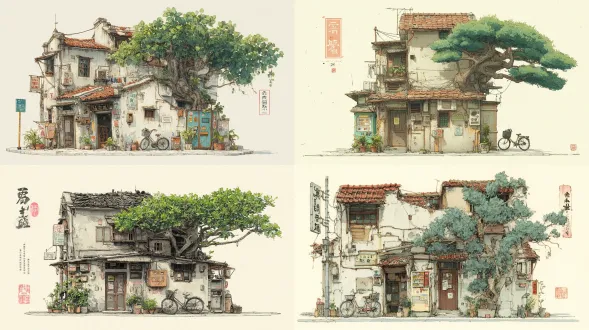 高度细致的水彩与墨水插画，描绘一个古老的亚洲城市角落建筑。一座带有开裂白色墙壁、木门、复古窗户和瓦片屋顶的两层小房子。一棵茂盛的绿树紧紧生长在建筑右侧，树枝缠绕着结构。悬挂的招牌、手写海报、旧邮箱、自动售货机、电表和路灯增添了怀旧细节。一辆带篮子的自行车坐在前面的盆栽植物附近。柔和的柔和色彩、精致的墨水轮廓、微妙的阴影和温暖的自然光线。具有复古魅力的日本/台湾老城区氛围。干净的米白色背景，舒适宁静的氛围。