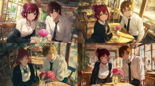 一位美丽的日本年轻女子，留着短而凌乱的深酒红色头发，松松地盘成一个发髻，搭配柔和自然的刘海，坐在舒适的咖啡馆桌子旁，身旁是一位年轻的日本男子。她富有表现力的绿色眼睛和自然焕发光彩的肌肤——细腻的毛孔、柔和的高光和真实的照片级质感——让她看起来完全栩栩如生。她穿着整洁合身的日本校服： crisp白色衬衫、剪裁得体的深色西装外套和褶裥裙。一条黑色项圈增添了微妙的现代感。她轻轻地把一朵粉红色的大波斯菊放在她的饮料旁边的桌子上，灿烂地微笑着，表情温暖、自然且坦率。她旁边坐着的年轻日本男子，有着湿漉漉、凌乱的金棕色头发，真实地捕捉到了咖啡馆柔和的日光。他略微皱巴巴的白色礼服衬衫、黑色领带和深色裤子展现出真实的织物质感和随意的真实感。他微微向她倾斜，放松而真诚地微笑着，散发出真实情侣享受安静时刻的自然氛围。咖啡馆内部感觉真实而温暖：木质桌子、阳光照射的窗户、柔和的阴影和背景中一些模糊的装饰。自然日光照射进来，在他们的脸上投射出温暖的电影般的高光，营造出宁静、亲密的氛围。整个场景以高分辨率、超精细的照片级真实感呈现——真实的真人打光、真实的日本面部特征，绝对没有动漫特征。