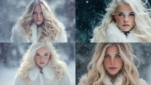 雪山中的时尚肖像，一位年轻的金发女子，有着长长的波浪卷发和蓝色眼睛，面部特征严谨清晰，脸上没有色素沉着，穿着奢华的白色皮草大衣。具有戏剧性的自然光线，轻柔飘落的雪花，电影般的深度，细致的头发和无瑕洁净的皮肤，完美的妆容，容光焕发的脸颊，紧闭的嘴唇，冬季蓝色调，用于杂志的高质量图像，浅景深，专业用数码单反相机拍摄