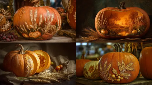 高度逼真的浅橙色南瓜，内部雕刻丰收场景，精细纹理，温暖灯光照明，特写镜头，写实风格，柔和阴影，丰富色彩，丰收元素如麦穗水果，微距摄影，聚焦细节，高分辨率，自然光，金色调，快乐氛围，艺术感。