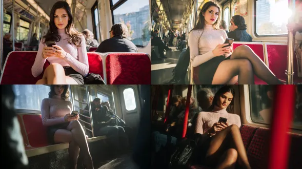 一张超现实的单反照片，一个漂亮的欧洲女人在早晨的地铁上通勤，坐在一个红色的塑料座位上，一条腿交叉着。她双手使用智能手机，面对着摄像头。她穿着一件合身的淡粉色罗纹高领上衣，一条黑色裙子，一条透明的黑色紧身衣和一双光滑的黑色高跟鞋。她光滑的黑发垂下，阳光从地铁窗户射进来，突出了她皮肤、紧身衣和衣服的逼真质感。通勤者坐在附近，稍微有点模糊，而她仍然是清晰的细节和突出的特征。皮肤纹理是逼真的，灯光是电影式的和自然的，面部特征是尖锐的和富有表现力的。该图像具有景深和清晰的分辨率，就像用专业数码单反相机拍摄的一样