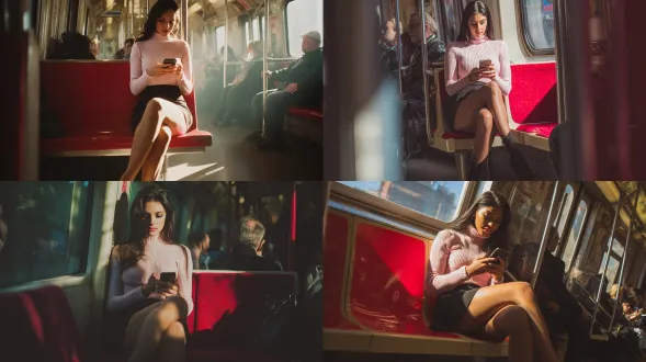 一张超现实的单反照片，一个漂亮的欧洲女人在早晨的地铁上通勤，坐在一个红色的塑料座位上，一条腿交叉着。她双手使用智能手机，面对着摄像头。她穿着一件合身的淡粉色罗纹高领上衣，一条黑色裙子，一条透明的黑色紧身衣和一双光滑的黑色高跟鞋。她光滑的黑发垂下，阳光从地铁窗户射进来，突出了她皮肤、紧身衣和衣服的逼真质感。通勤者坐在附近，稍微有点模糊，而她仍然是清晰的细节和突出的特征。皮肤纹理是逼真的，灯光是电影式的和自然的，面部特征是尖锐的和富有表现力的。该图像具有景深和清晰的分辨率，就像用专业数码单反相机拍摄的一样