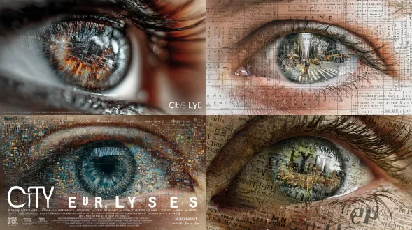 一个现实的，细致的人眼，它的反射显示了一个繁华的城市街道融化像一幅达利画。一个新颖而探索性的海报。构图：saul bass（极简几何）+ massimo vignelli（简单网格），paula scher（粗体结构字体）打破常规。色彩和氛围：loish（飘渺的渐变）+ jessica walsh（超现实的高对比度），电影般的和丰富的纹理。细节：marija tiuriina（精致的点缀），与白色空间平衡。实验性排版（必须包括完整的英文文本）：david carson（反网格混乱）+ stefan sagmeister（概念字体）。主标题（原：“城市之眼”）：雕塑，解构，扭曲，重叠。副标题（“超现实的城市”）：分散，交织，旋转90度。口号（“现实是可协商的”）：富有质感