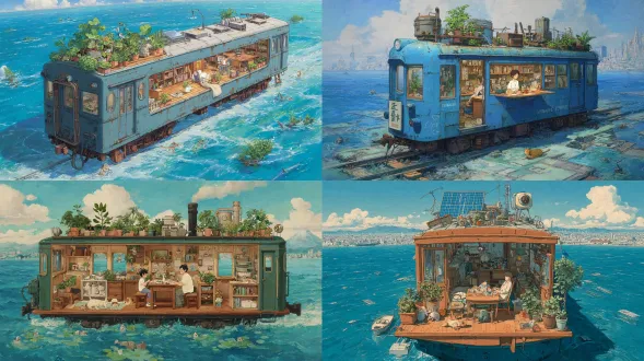 这幅画以宫崎骏的风格，充满了世界末日的幻想和生活的细节。主题是一节在蓝色水域中行驶的旧火车车厢，被改造成一个温暖的家，里面是一个功能齐全的小生活空间。里面有一张床，上面放着物品；还有一个厨房区配备了厨具，食物放在桌子上。邻近的种植区域长满了绿色植物，角落的空调和各种生活设施一应俱全。书架上摆满了书，绿植点缀四周。在车厢的顶部，有太阳能电池板、复古的机械装置和许多盆栽绿色植物。一个男人和一个女人坐在屋顶的餐桌旁吃饭，旁边还有一只狗。马车在充满残骸的蓝色海水中行驶，远处可以看到一座山和一座城市。四周随处可见僵尸般的身影，与车厢内温馨的生活场景形成强烈对比