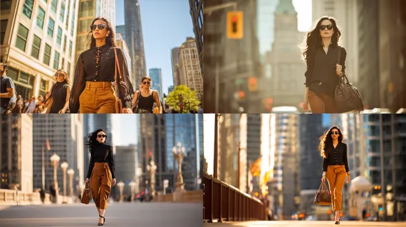 时尚女性走在城市街道，黑色长发飘逸，栗色裤子配黑色衬衫，高跟鞋，深色太阳镜，手提栗色包，自信步伐，都市背景，高楼大厦，现代风格，长焦镜头，浅景深，自然光，黄金时刻，暖色调，优雅，都市风情，动态感，高级感。