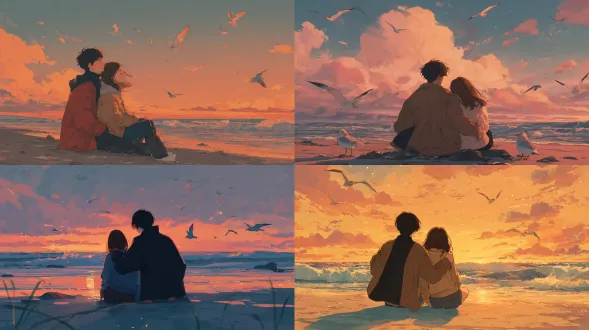 anime romantic date, young couple sitting on the beach at sunset, boy with short black hair putting a coat over the girl's shoulders, girl with long brown hair leaning on his shoulder, waves gently hitting the shore, orange and pink sky, seagulls flying, warm glow, soft lines