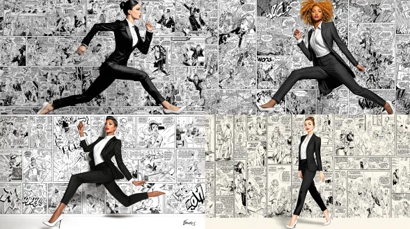 生成一张超写实风格的彩色人物肖像，主体是一位自信的职业女性，身着剪裁得体的黑色西装、白色正装衬衫，脚穿白色高跟鞋，以充满动感的小跑姿态呈现，细节锐利且色彩鲜艳，通过戏剧化的光影处理使其极具视觉冲击力。背景是一组精心绘制的多格黑白漫画，采用经典的高对比度漫画风格，以粗重的线条和网点 shading 呈现，内容是一系列幽默夸张的办公室场景。漫画叙事与中心人物无缝融合，让彩色主体仿佛是这个动态黑白漫画世界的有机组成部分——仿佛从漫画格中“走出来”，其姿态和存在与周围的黑白职场叙事直接互动。整体布局是具有凝聚力、引人入胜的多格漫画背景，将鲜活的人物与细致的单色漫画环境紧密联系。