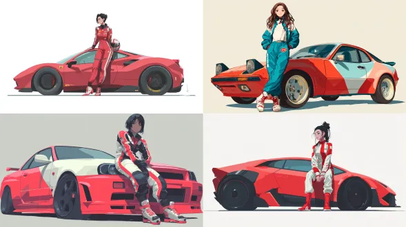 a beautiful full body anime girl leans on a red car. she is dressed in a stylish sports racing jumpsuit. illustrationn on a white background, flat 2d style